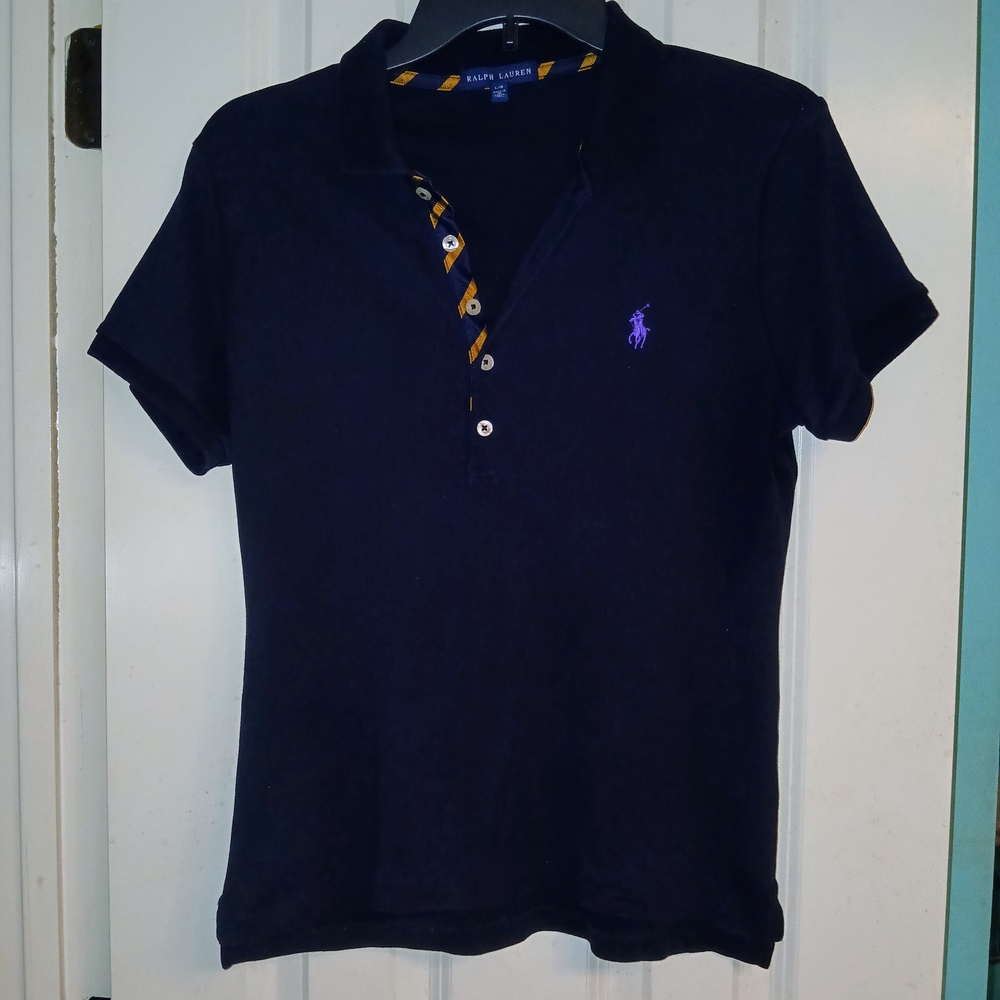 Womens Ralph Lauren Dark Blue Polo w/ Gold Satin Button Placket L
